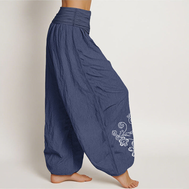 Buddha Stones Pure Cotton Composed Of Dots Vine Flower Pattern Women's Elastic Waist Harem Pants - image 2