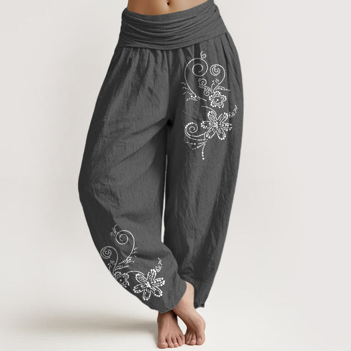 Buddha Stones Pure Cotton Composed Of Dots Vine Flower Pattern Women's Elastic Waist Harem Pants - DimGray - US16，UK/AU20，EU48 (3XL) - image 8