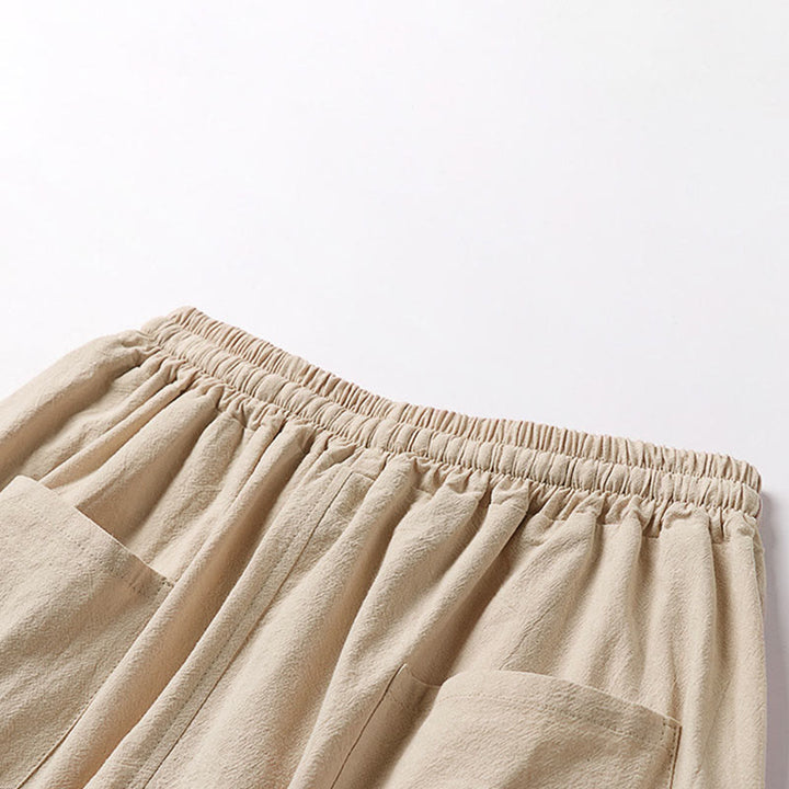 Buddha Stones Plain Drawstring Design Men's Capri Cropped Cotton Linen Wide Leg Pants With Pockets - image 6