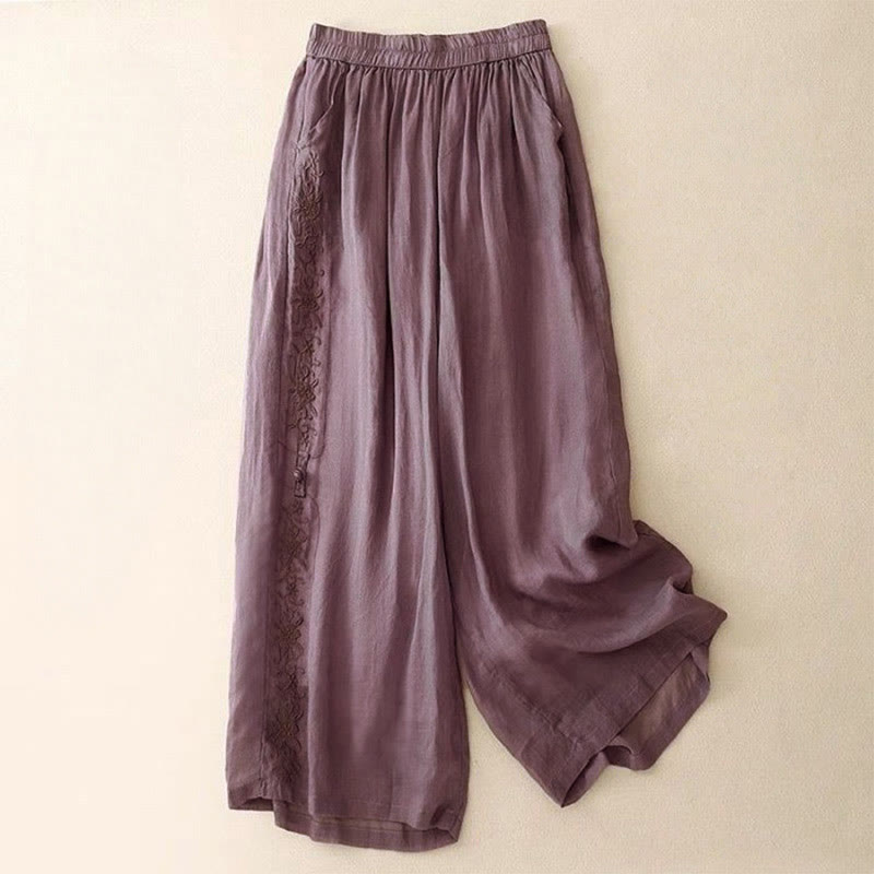 Buddha Stones Side Embroidery Design Women's 7-8 Length Wide Leg Pants With Pockets - MediumOrchid - US12，UK/AU16，EU44 (3XL) - image 0