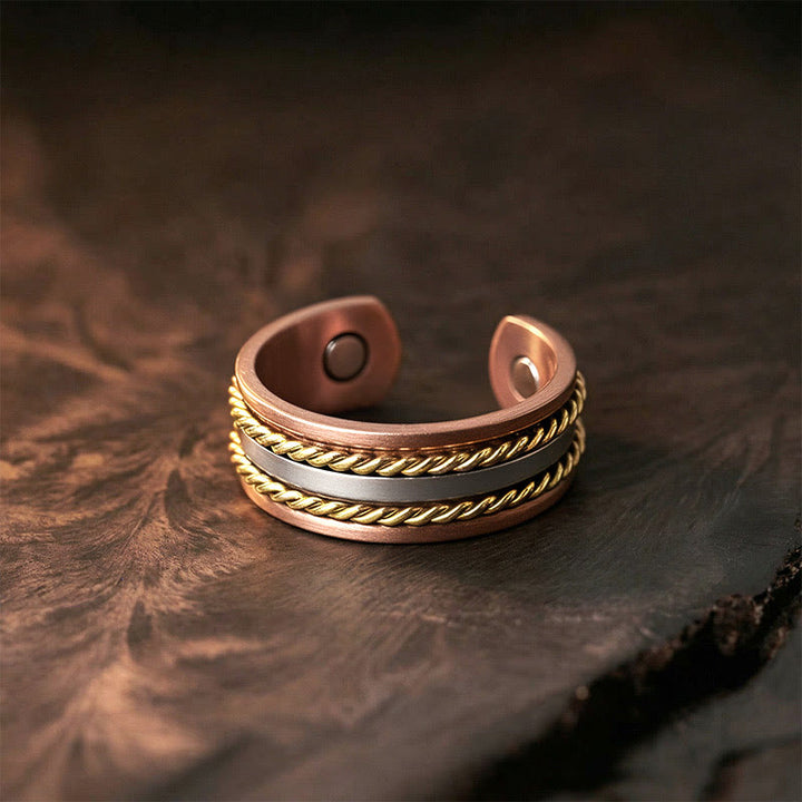Buddha Stones Retro Twisted Design Copper Open Wealth Luck Cuff Bracelet Bangle Ring - Ring(Size: Adjustable) - image 10