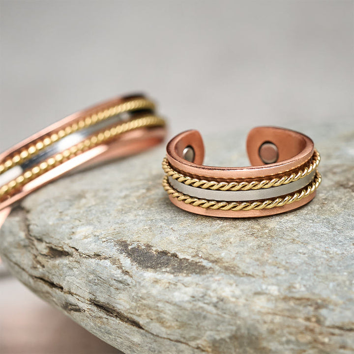 Buddha Stones Retro Twisted Design Copper Open Wealth Luck Cuff Bracelet Bangle Ring - image 2