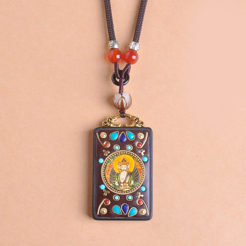 Buddha Stones Thangka Yin Yang Copper Coins Ebony Wood Zakiram Balance Pendant Necklace - image 13
