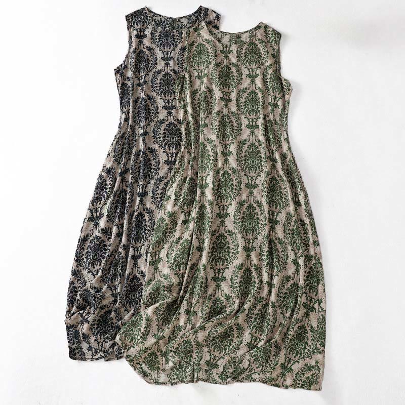 Buddha Stones Commute Summer Printing Simple Design Crew Neck Sleeveless Midi Dress With Pockets - image 0