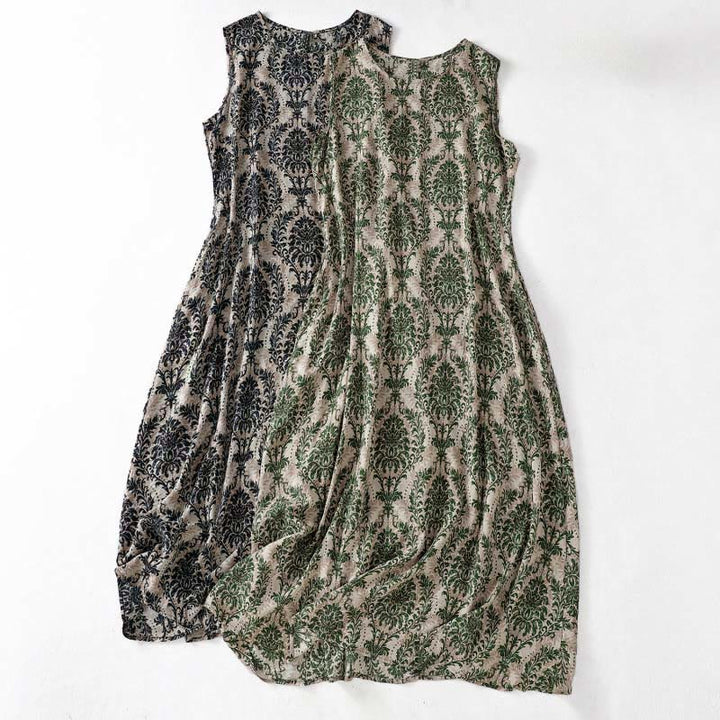 Buddha Stones Commute Summer Printing Simple Design Crew Neck Sleeveless Midi Dress With Pockets - image 0