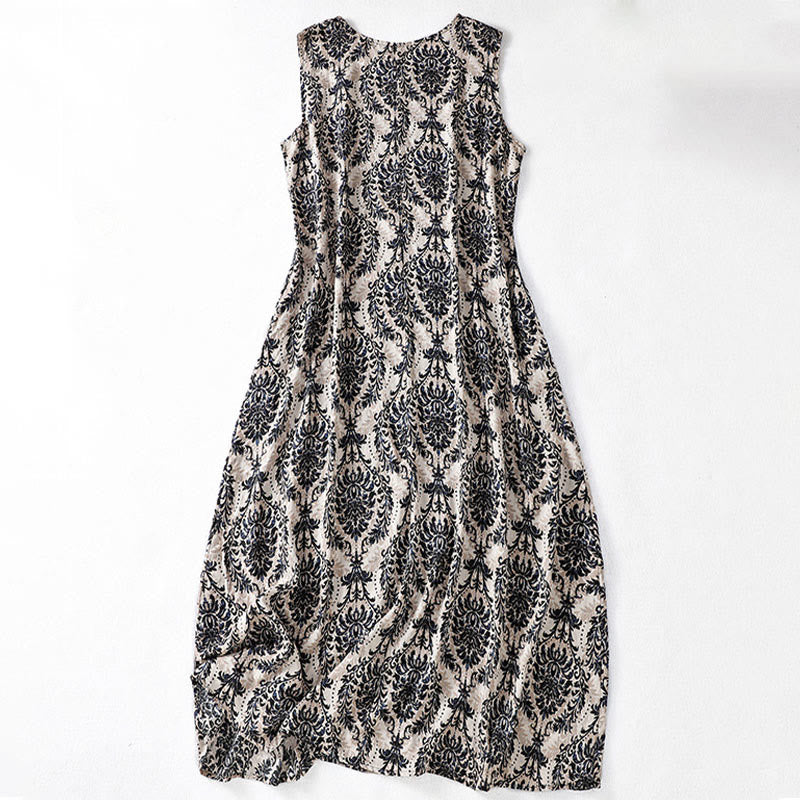 Buddha Stones Commute Summer Printing Simple Design Crew Neck Sleeveless Midi Dress With Pockets - image 11