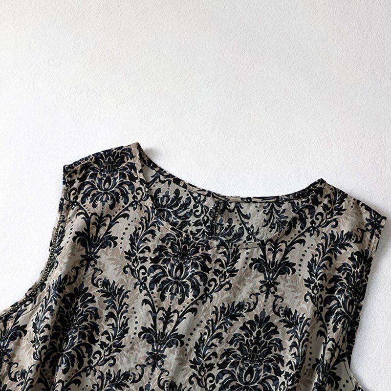 Buddha Stones Commute Summer Printing Simple Design Crew Neck Sleeveless Midi Dress With Pockets - image 13