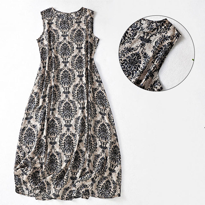 Buddha Stones Commute Summer Printing Simple Design Crew Neck Sleeveless Midi Dress With Pockets - image 12