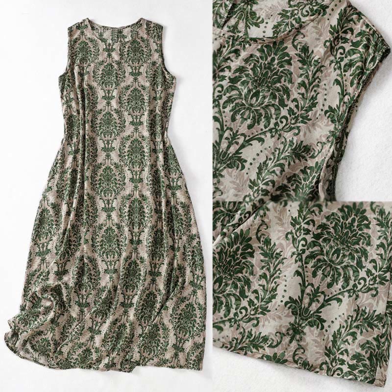 Buddha Stones Commute Summer Printing Simple Design Crew Neck Sleeveless Midi Dress With Pockets - image 3