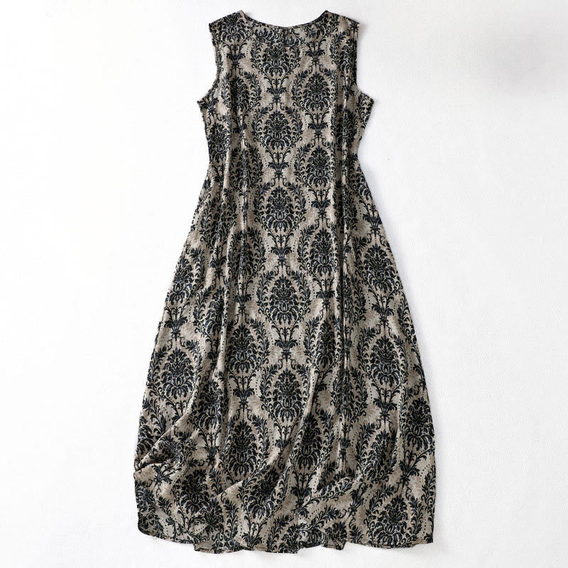 Buddha Stones Commute Summer Printing Simple Design Crew Neck Sleeveless Midi Dress With Pockets - Black - US14，UK/AU18，EU46 (2XL) - image 10