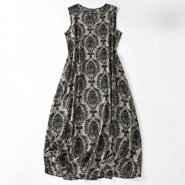 Buddha Stones Commute Summer Printing Simple Design Crew Neck Sleeveless Midi Dress With Pockets - Black - US14，UK/AU18，EU46 (2XL) - image 10