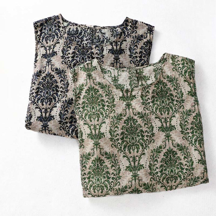 Buddha Stones Commute Summer Printing Simple Design Crew Neck Sleeveless Midi Dress With Pockets - image 17