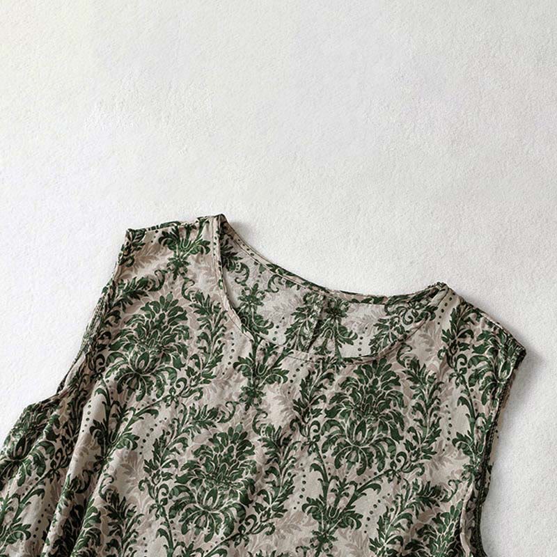Buddha Stones Commute Summer Printing Simple Design Crew Neck Sleeveless Midi Dress With Pockets - image 4