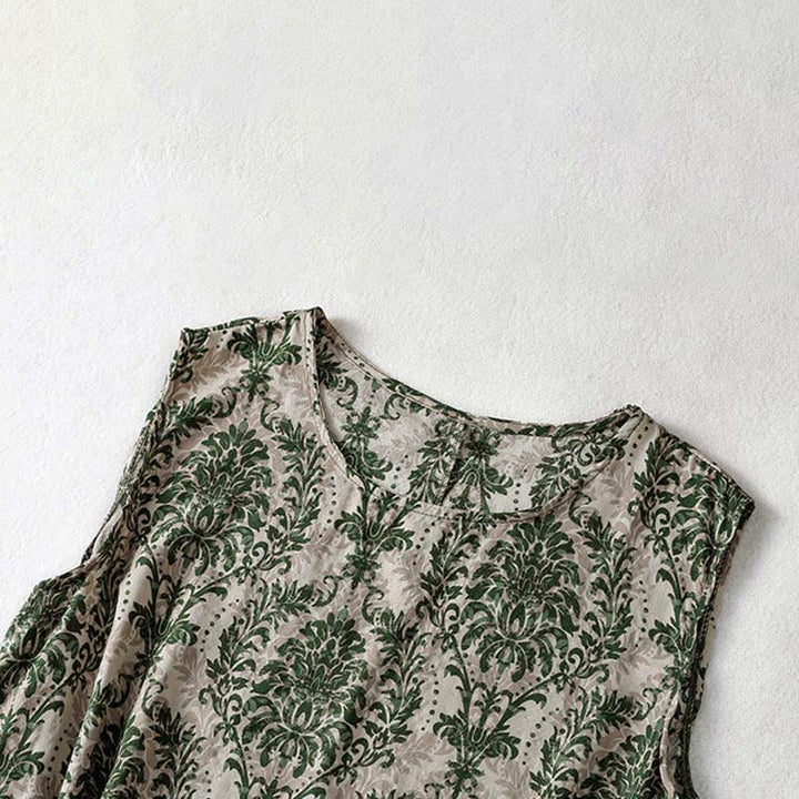 Buddha Stones Commute Summer Printing Simple Design Crew Neck Sleeveless Midi Dress With Pockets - image 4