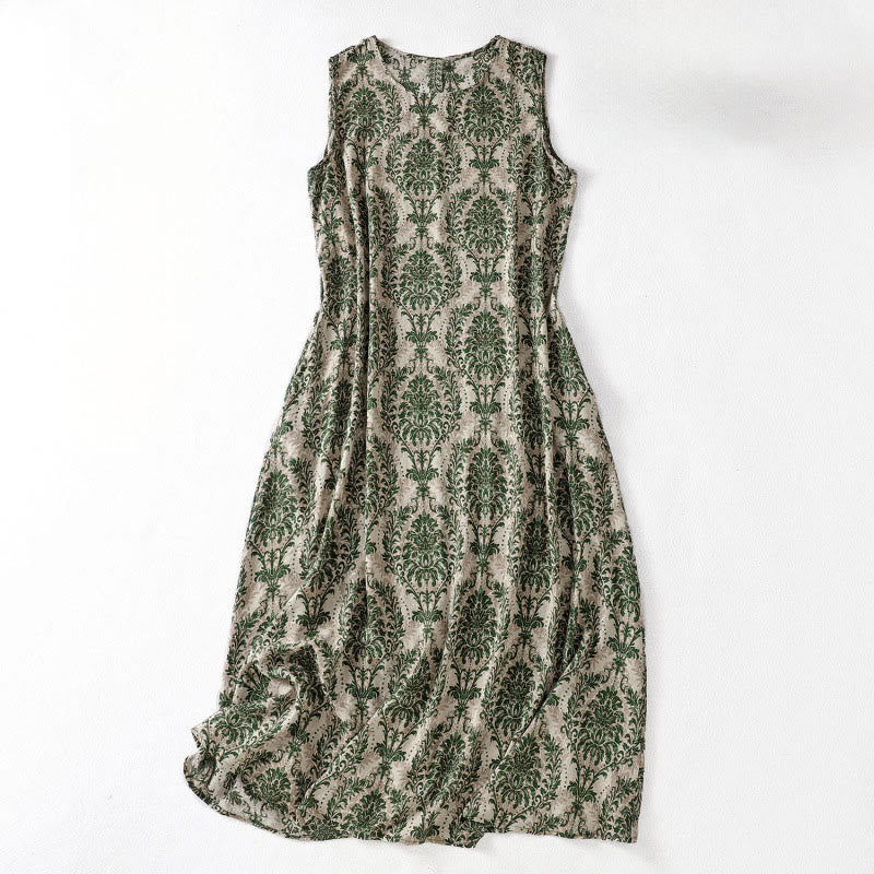 Buddha Stones Commute Summer Printing Simple Design Crew Neck Sleeveless Midi Dress With Pockets - DarkGreen - US14，UK/AU18，EU46 (2XL) - image 1