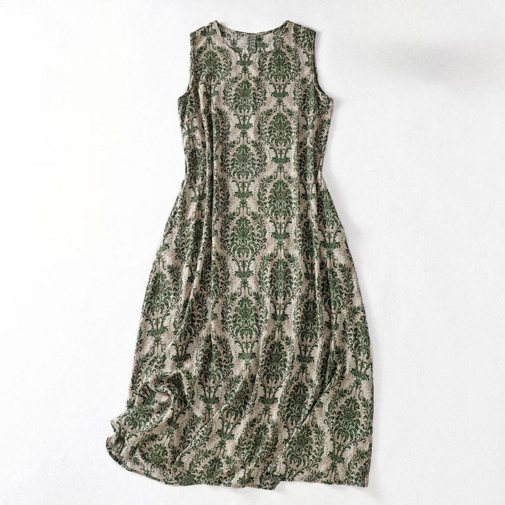Buddha Stones Commute Summer Printing Simple Design Crew Neck Sleeveless Midi Dress With Pockets - DarkGreen - US14，UK/AU18，EU46 (2XL) - image 1