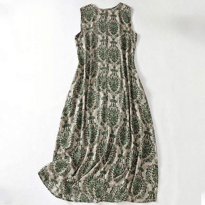 Buddha Stones Commute Summer Printing Simple Design Crew Neck Sleeveless Midi Dress With Pockets - image 2