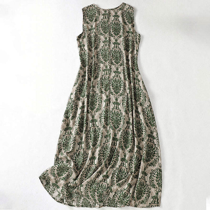 Buddha Stones Commute Summer Printing Simple Design Crew Neck Sleeveless Midi Dress With Pockets - image 2