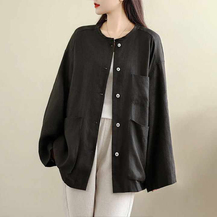 Buddha Stones Spring Crew Neck Long Sleeve Plain Women's Cotton Buttons Shirt With Pockets - Black - US8-10，UK/AU12-14，EU40-42 (2XL) - image 0