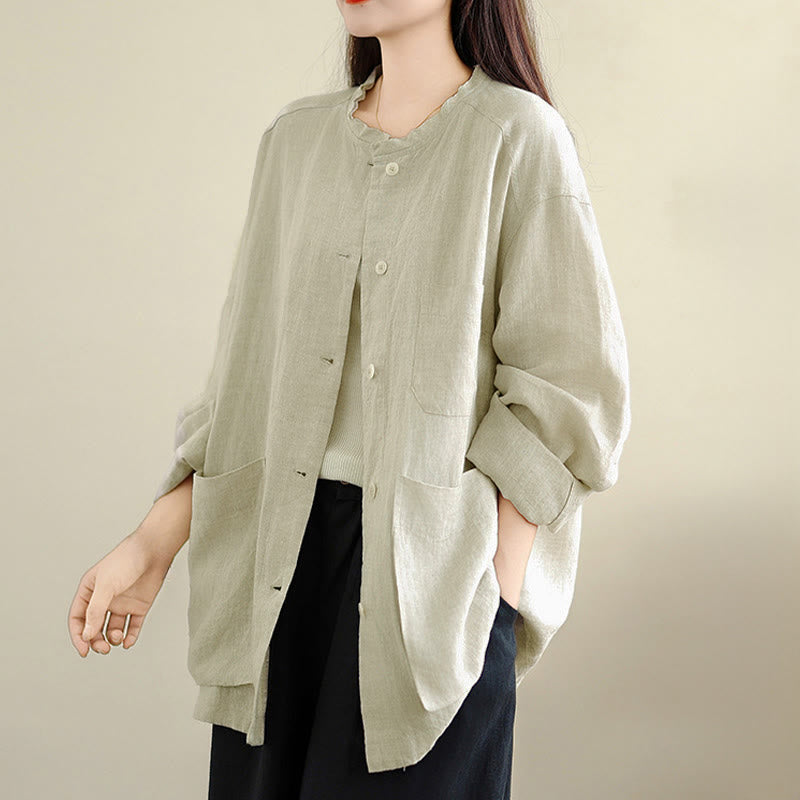 Buddha Stones Spring Crew Neck Long Sleeve Plain Women's Cotton Buttons Shirt With Pockets - image 8