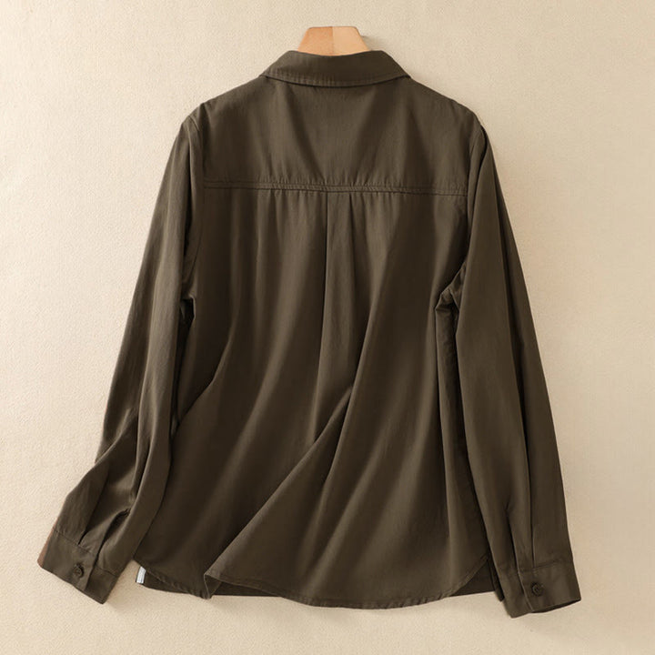 Buddha Stones Spring Lapel Long Sleeve Plain Women's Cotton Buttons Shirt With Pockets - image 1