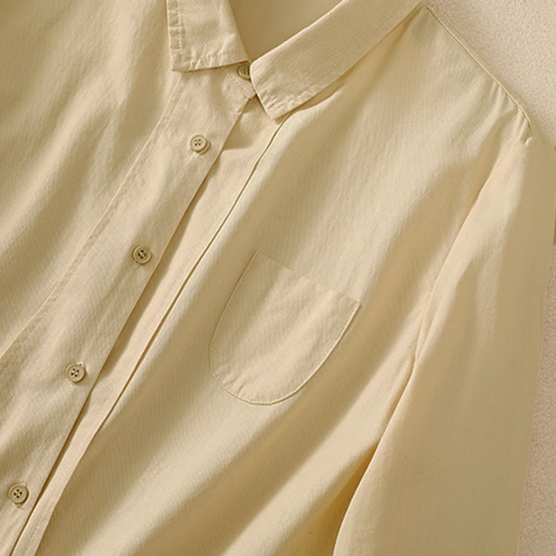 Buddha Stones Spring Lapel Long Sleeve Plain Women's Cotton Buttons Shirt With Pockets - image 10