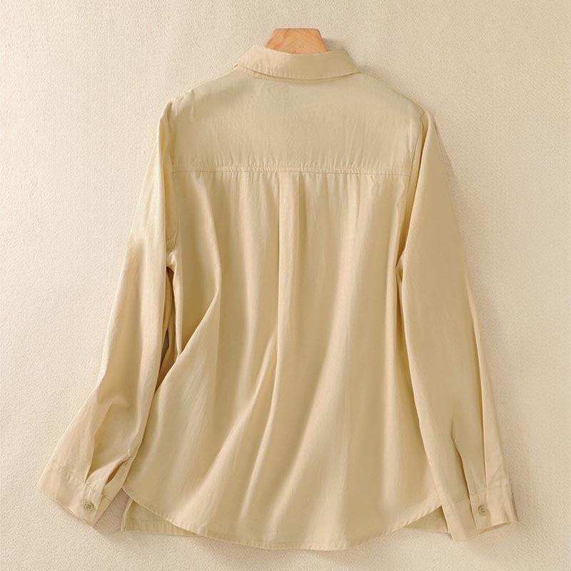 Buddha Stones Spring Lapel Long Sleeve Plain Women's Cotton Buttons Shirt With Pockets - image 9