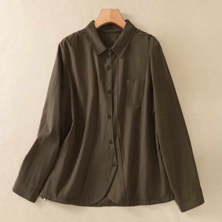 Buddha Stones Spring Lapel Long Sleeve Plain Women's Cotton Buttons Shirt With Pockets - DarkOliveGreen - US8-10，UK/AU12-14，EU40-42 (2XL) - image 0