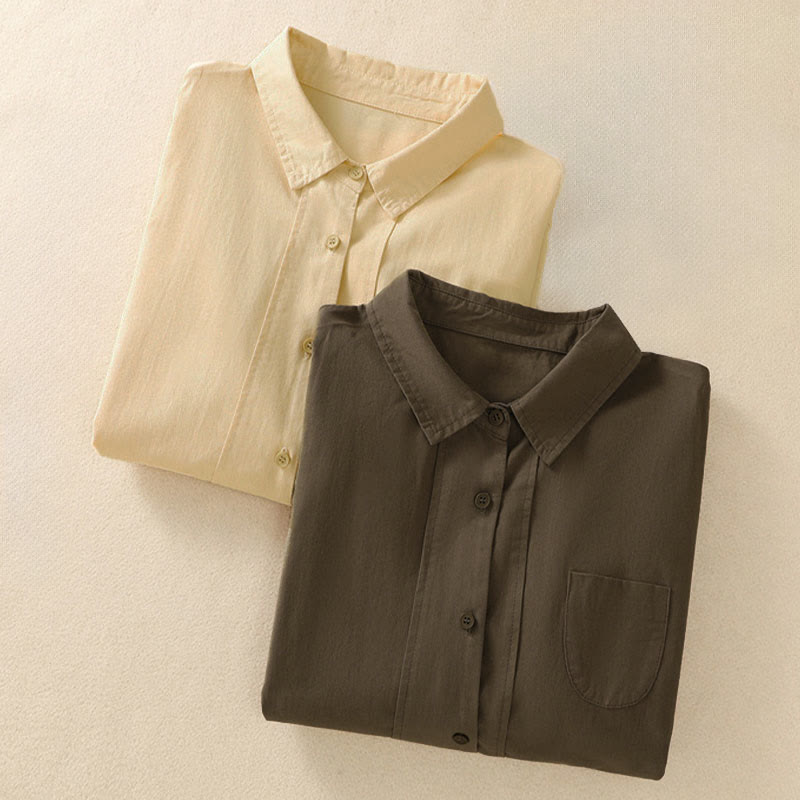 Buddha Stones Spring Lapel Long Sleeve Plain Women's Cotton Buttons Shirt With Pockets - image 19