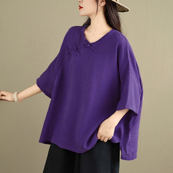 Buddha Stones Spring V-Neck Frog-Button Long Sleeve Plain Women's Cotton Shirt  - image 15