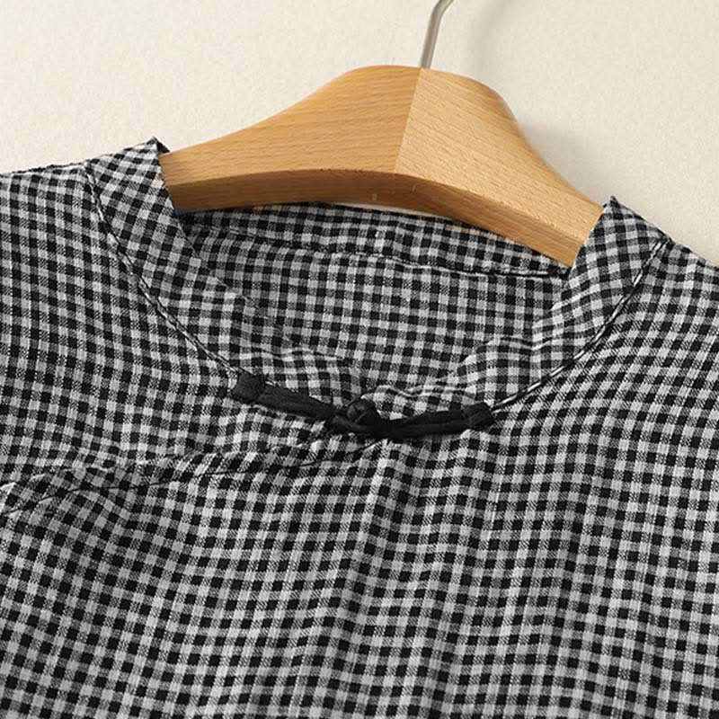 Buddha Stones Summer Crew Neck Frog-Button Short Sleeve Plaid Women's Shirt  - image 3