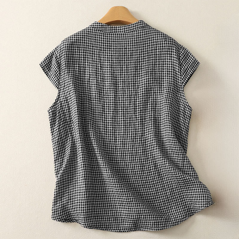 Buddha Stones Summer Crew Neck Frog-Button Short Sleeve Plaid Women's Shirt  - image 1
