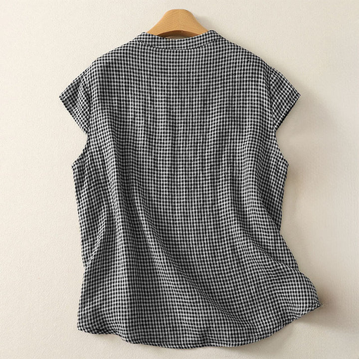 Buddha Stones Summer Crew Neck Frog-Button Short Sleeve Plaid Women's Cotton Shirt  - image 1