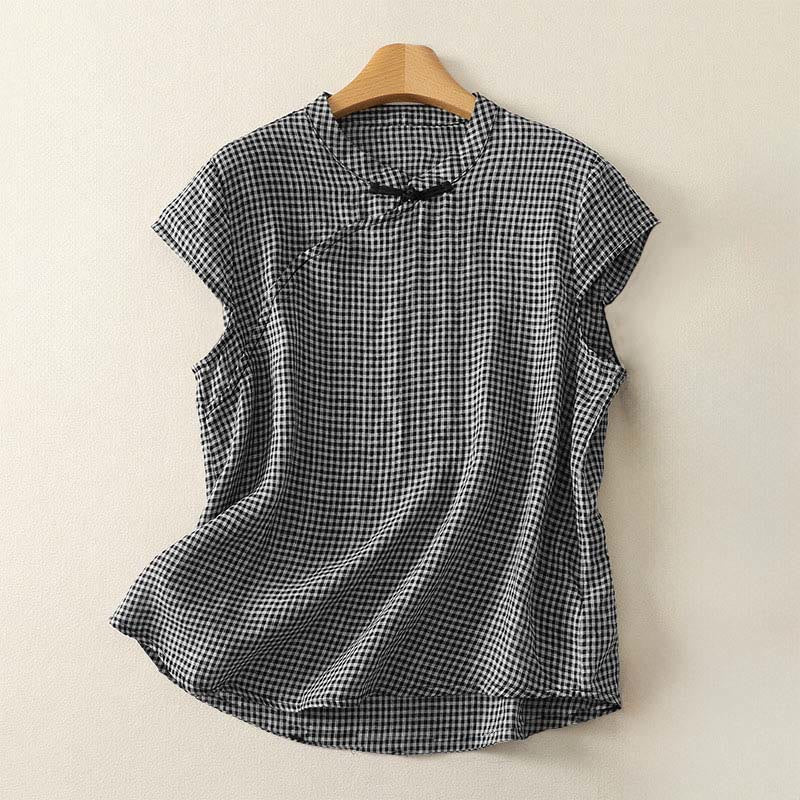Buddha Stones Summer Crew Neck Frog-Button Short Sleeve Plaid Women's Shirt  - Black - US8-10，UK/AU12-14，EU40-42 (2XL) - image 0