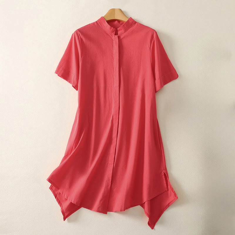 Buddha Stones Summer Stand Collar Short Sleeve Plain Women's Buttons Cotton Shirt With Pocket - Red - US8-10，UK/AU12-14，EU40-42 (2XL) - image 5