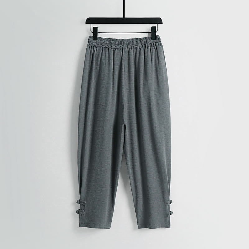 Buddha Stones Summer Drawstring Elastic Waist Frog-Button Ankle-Length Men's Cotton Linen Pants With Pockets - image 1
