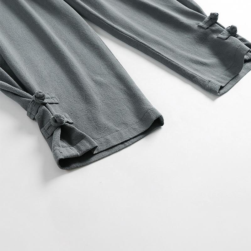 Buddha Stones Summer Drawstring Elastic Waist Frog-Button Ankle-Length Men's Cotton Linen Pants With Pockets - image 8