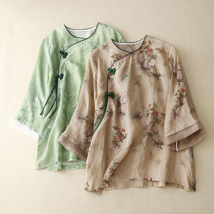 Buddha Stones White Orchid Red Flowers Frog-Button Design Three Quarter Sleeve Women's Shirt - image 17