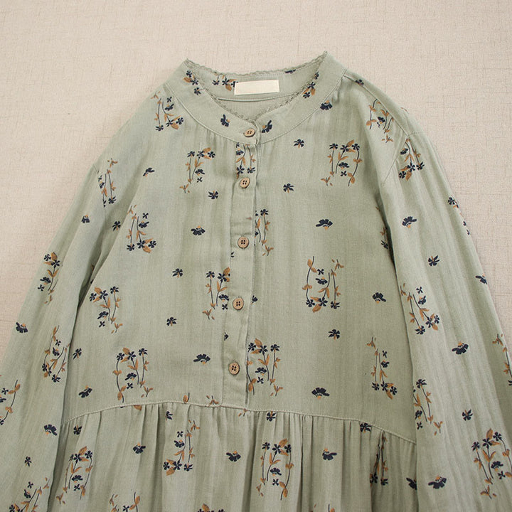 Buddha Stones Spring Small Floral Print Buttons Design Crew Neck Long Sleeve Midi Dress With Pockets - image 9