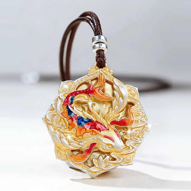 Buddha Stones 999 Sterling Silver Colorful Koi Fish Carved Luck Necklace Pendant - image 1
