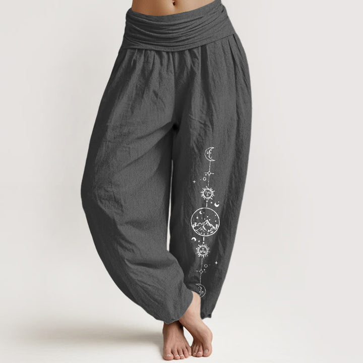 Buddha Stones Pure Cotton Minimalist Design Moon Sun Star Mountain Pattern Women's Elastic Waist Harem Pants - DimGray - US16，UK/AU20，EU48 (3XL) - image 0