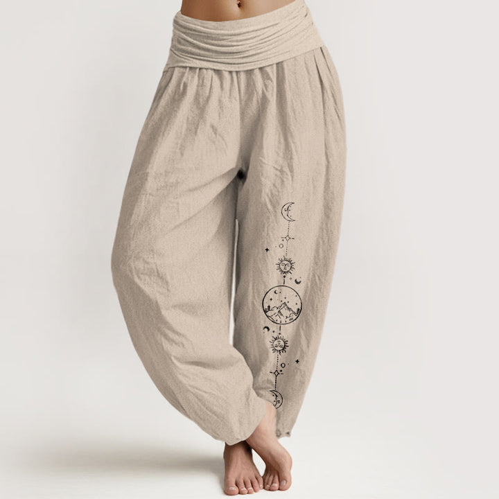 Buddha Stones Pure Cotton Minimalist Design Moon Sun Star Mountain Pattern Women's Elastic Waist Harem Pants - Tan - US16，UK/AU20，EU48 (3XL) - image 11