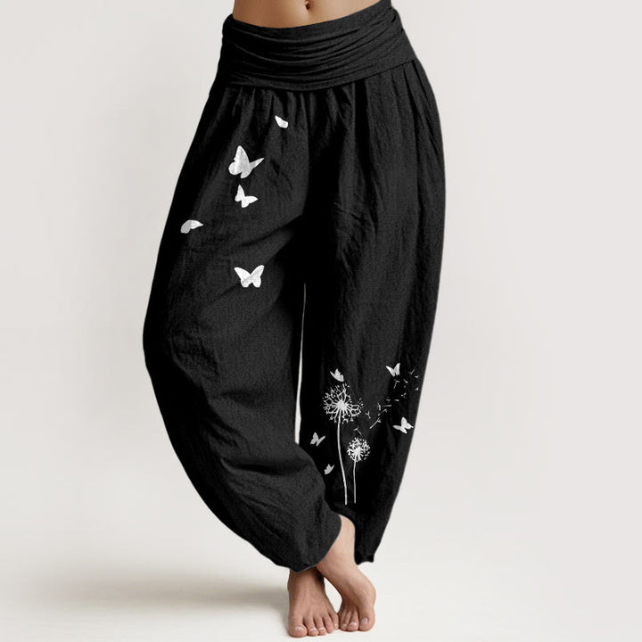 Buddha Stones Pure Cotton Elegant Butterfly Dandelion Pattern Women's Elastic Waist Harem Pants - Black - US16，UK/AU20，EU48 (3XL) - image 0