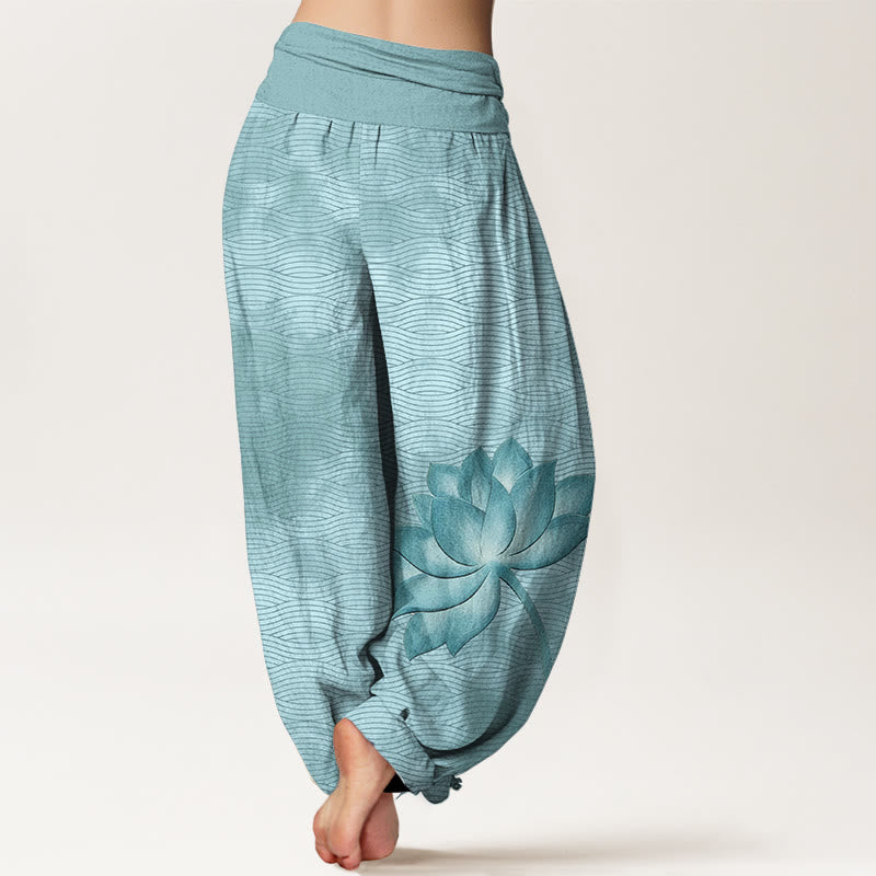 Buddha Stones Cotton Light Color Lotus Wavy Lines Pattern Women's Elastic Waist Harem Pants - image 1