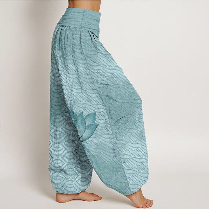 Buddha Stones Cotton Light Color Lotus Wavy Lines Pattern Women's Elastic Waist Harem Pants - image 2