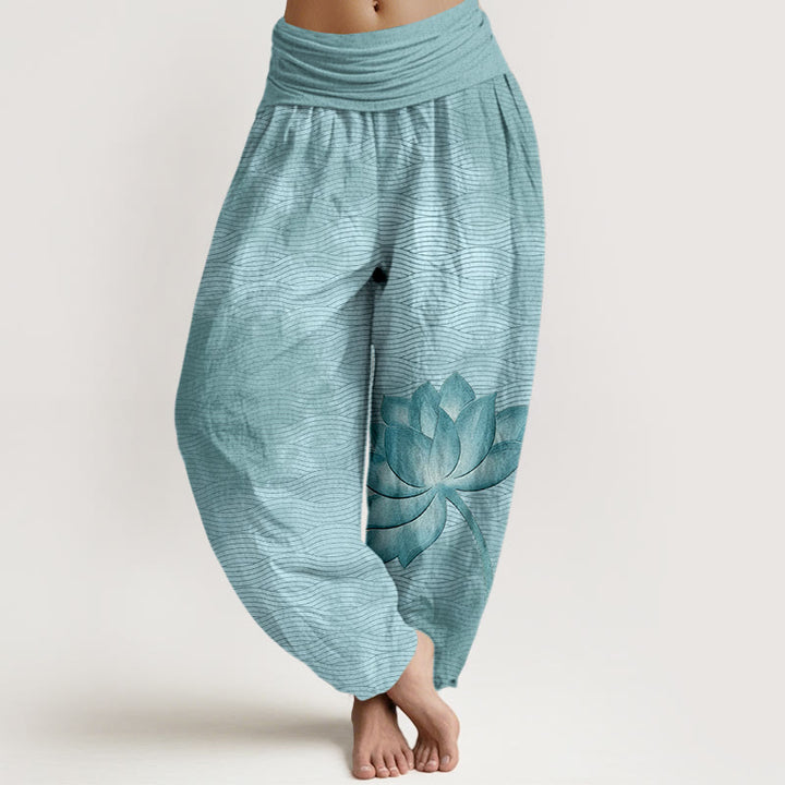 Buddha Stones Cotton Light Color Lotus Wavy Lines Pattern Women's Elastic Waist Harem Pants - SkyBlue - US16，UK/AU20，EU48 (3XL) - image 0