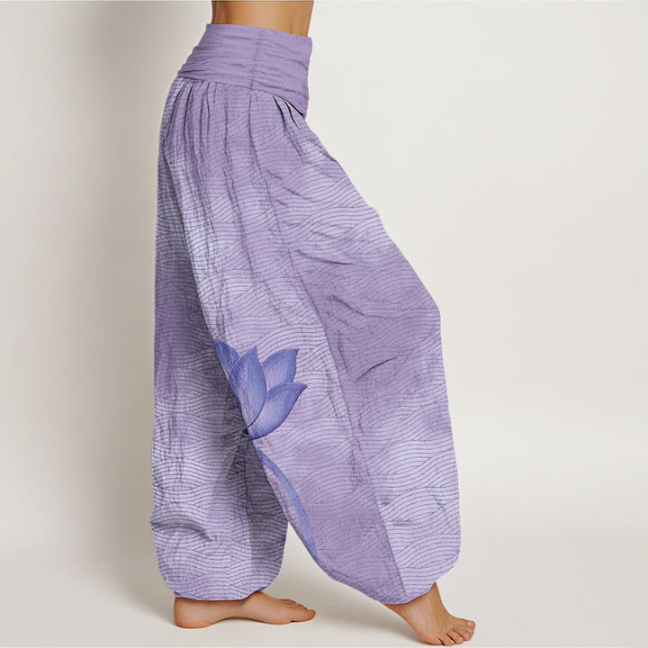 Buddha Stones Cotton Light Color Lotus Wavy Lines Pattern Women's Elastic Waist Harem Pants - image 7