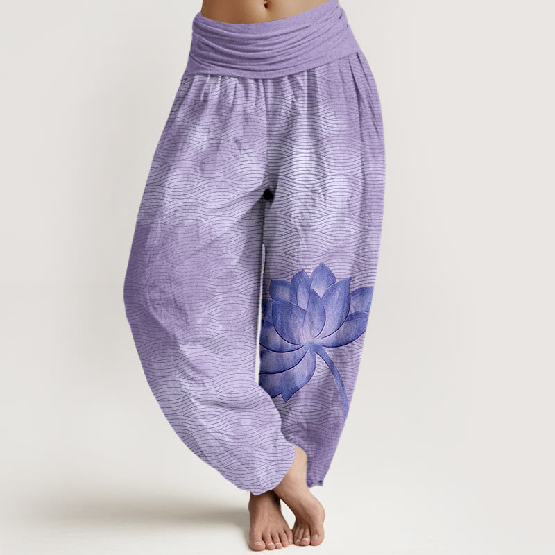 Buddha Stones Cotton Light Color Lotus Wavy Lines Pattern Women's Elastic Waist Harem Pants - MediumPurple - US16，UK/AU20，EU48 (3XL) - image 5
