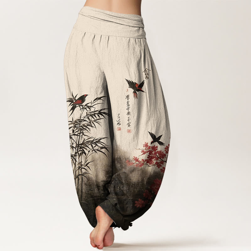 Buddha Stones Cotton Classical Bamboo Bird Flower Pattern Women's Elastic Waist Harem Pants - image 1