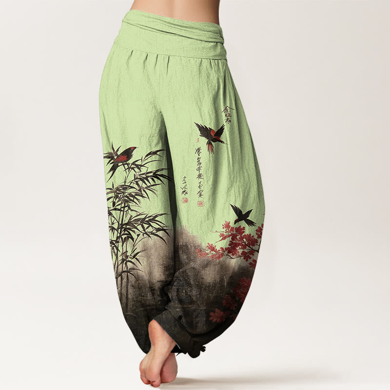 Buddha Stones Cotton Classical Bamboo Bird Flower Pattern Women's Elastic Waist Harem Pants - image 6